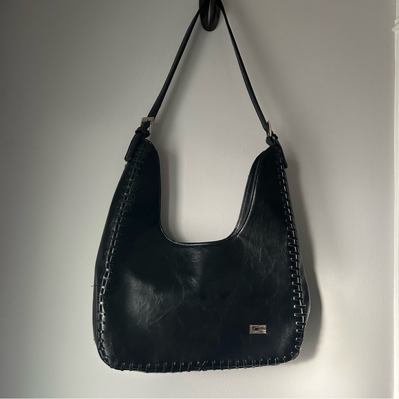 Heys Vintage ‘G Bag’ Hobo Style Black Leather Shoulder Bag Woven Seam Detail - Picture 17 of 17